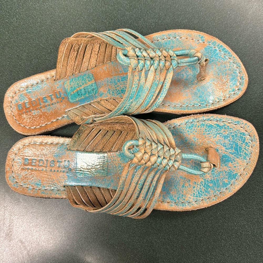 Bedstu Womens Cobbler Series Braided Leather Turquoise Flip Flop Sandals Size 9